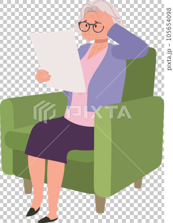 Health and Stress Concept. Mature Woman with Headache While Reading Newspaper on couch. 105654098