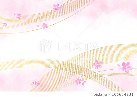 桜と花びら(ピンクの水彩の背景と金色の曲線) 桜と花びら(ピンクの水彩の背景と金色の曲線) 105654231