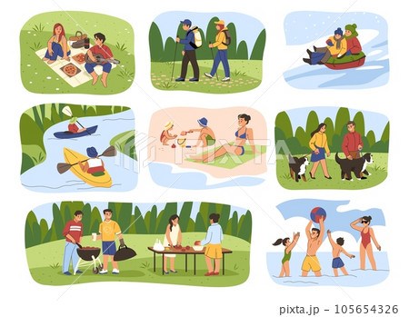 People in nature. Beach or park relax. Forest hiking. Mountain river rafting. Family adventure. Happy winter or summer vacation. Parents play with kids. Vector outdoor activities set People in nature. Beach or park relax. Forest hiking. Mountain river rafting. Family adventure. Happy winter or summer vacation. Parents play with kids. Vector outdoor activities set 105654326