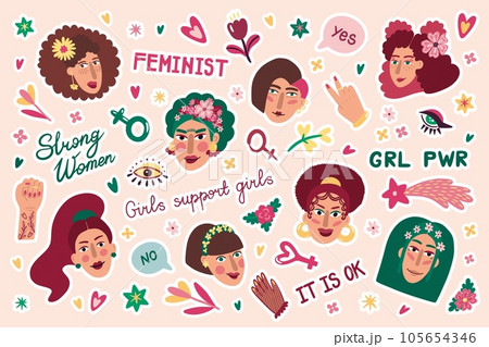 Feminism stickers. Girl power. Frida face. Funny female heads. Women solidarity. Sisterhood support. Feminists lettering. Happy characters. Activists movement. Vector illustration set 105654346