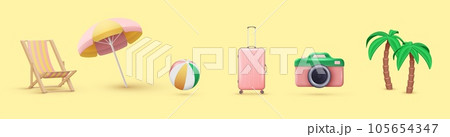 3D beach. Summer vacation icons. Palm tree. Travel lounge chair. Summertime holiday elements. Sunbathing umbrella and sea ball. Baggage suitcase. Photo camera. Vector render objects set 105654347