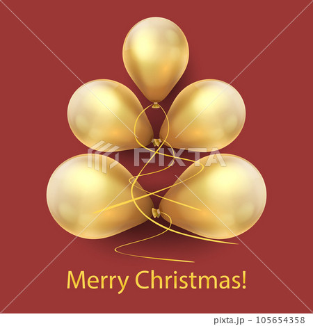 Realistic colorful balloons. 3d gold luxury balls in tree form. Glossy render helium party elements. Spheres for holiday celebration. Merry christmas card or poster. Vector illustration Realistic colorful balloons. 3d gold luxury balls in tree form. Glossy render helium party elements. Spheres for holiday celebration. Merry christmas card or poster. Vector illustration 105654358
