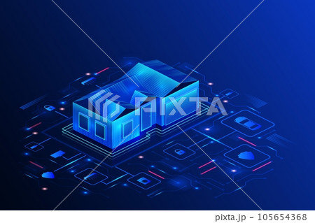 Smart home technology. Building IOT banner. Automated house by internet network. Security and appliance management system. Architecture automation control infographic. Vector background Smart home technology. Building IOT banner. Automated house by internet network. Security and appliance management system. Architecture automation control infographic. Vector background 105654368
