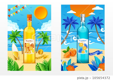 Summer cocktail ad. Beach waves, fruit drink party, yellow brand template with fresh ocean. Seashore vacation landscape. Tropical flowers. Paradise background. Vector advertising poster 105654372