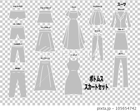 Icon of bottoms that can be used for apparel and clothing. Illustrations of skirts, pants, etc. 105654742