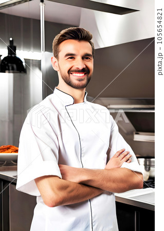 Portrait of a smiling chef standing with arms crossed in the kitchen 105654821