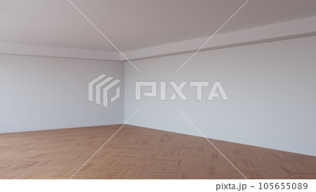 Corner of the White Interior with a White Ceiling and Cornice, Glossy Herringbone Parquet Floor, and a White Plinth. Unfurnished Room Concept. 3D illustration, Ultra HD 8K, 7680x4320, 300 dpi 105655089