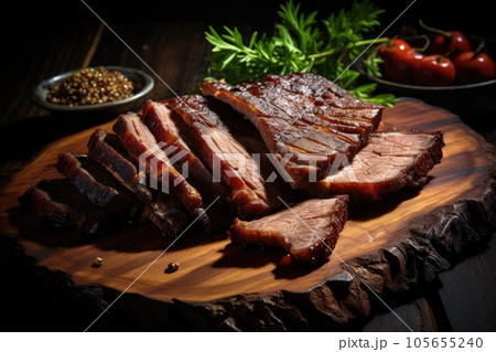 Sliced roast pork on a wooden cutting board Sliced roast pork on a wooden cutting board 105655240