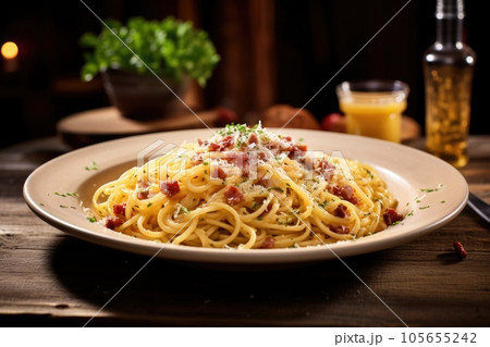 Traditional italian dish spaghetti carbonara. Traditional italian dish spaghetti carbonara. 105655242