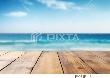 Wooden table top on blurred blue sea background Wooden table top on blurred blue sea background 105655267