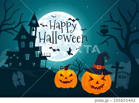 Halloween Night Background Vector Illustration with Pumpkins on the Moonlight and Several Other Elements in Flat Cartoon Hand Drawn Templates 105655402