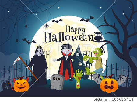 Halloween Night Background Vector Illustration with Pumpkins on the Moonlight and Several Other Elements in Flat Cartoon Hand Drawn Templates Halloween Night Background Vector Illustration with Pumpkins on the Moonlight and Several Other Elements in Flat Cartoon Hand Drawn Templates 105655413