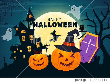 Halloween Night Background Vector Illustration with Pumpkins on the Moonlight and Several Other Elements in Flat Cartoon Hand Drawn Templates 105655414