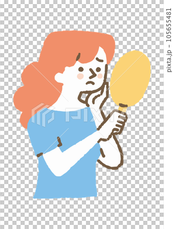 Woman looking in the mirror and worried about sagging skin_color 105655481