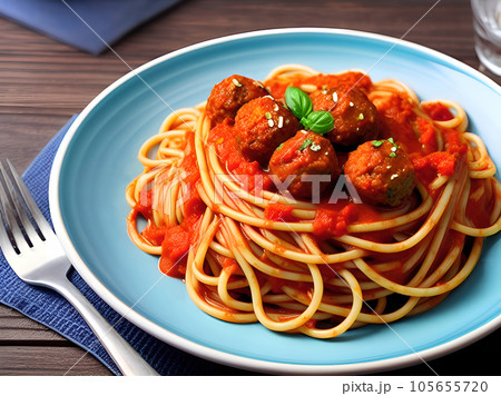 Spaghetti with meatballs and tomato sauce in plate on wooden table Spaghetti with meatballs and tomato sauce in plate on wooden table 105655720