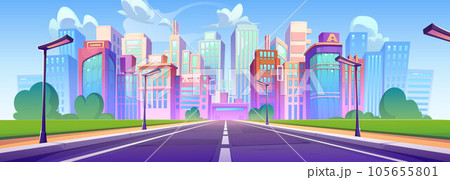 Cityscape cartoon with buildings, road and sky 105655801