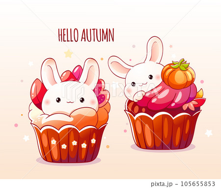 Autumn card with cute dessert in kawaii style.のイラスト素材