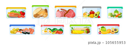 Plastic Containers with Different Food Stored Inside Vector Set 105655953