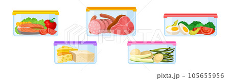 Plastic Containers with Different Food Stored Inside Vector Set 105655956