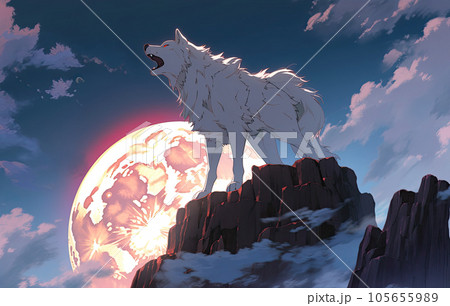 満月を背景に岩山の上で吠える白い狼のイラスト素材 [105655989] - PIXTA