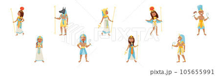 Egyptian God and Deities Wearing Antique Clothing and Holding Rod Vector Set 105655991