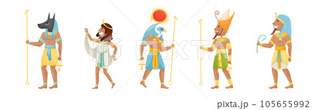 Egyptian God and Deities Wearing Antique Clothing and Holding Rod Vector Set Egyptian God and Deities Wearing Antique Clothing and Holding Rod Vector Set 105655992