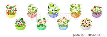Vegetarian Salad with Dropping in Bowl Ingredient Mix Vector Set 105656106