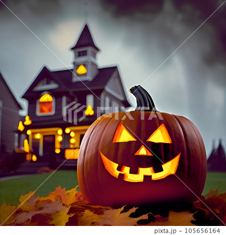 Halloween pumpkins in front of a haunted house...のイラスト素材