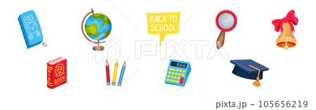 Globe, Magnifier, Bell, Book, Pencil, Calculator and Graduation Hat as Back to School Symbol and Stationery Object Vector Set Globe, Magnifier, Bell, Book, Pencil, Calculator and Graduation Hat as Back to School Symbol and Stationery Object Vector Set 105656219