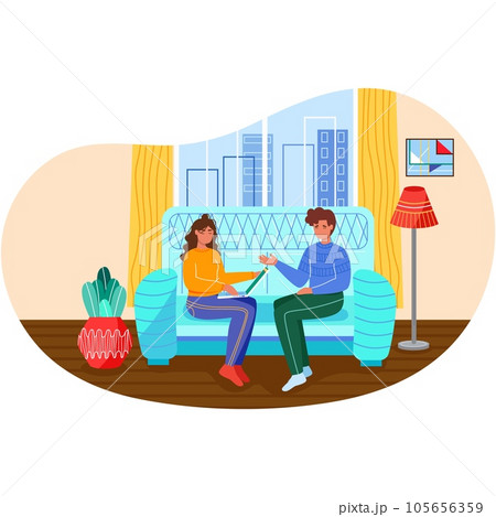 Wife work online on laptop and sad husband at home 105656359