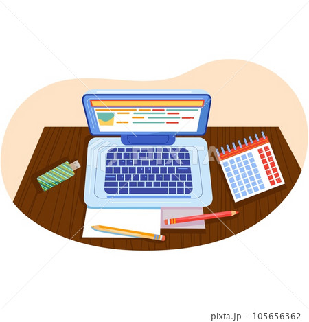 Laptop computer on desk table workspace top view 105656362