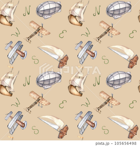 Sailing ship, air balloon, airplane watercolor seamless pattern isolated on beige. Boat, aircraft, vessel, aerostat hand drawn. Print for boy, wrapping, textile, vintage style wallpaper, background 105656498