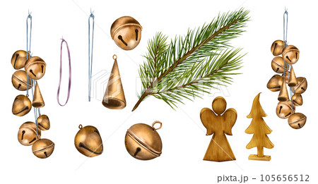 Set of Christmas bronze bells, pine branch, wooden toy digital illustration watercolor style isolated on white. Christmas symbol, decoration hand drawn. Element for design new year 2023, greeting 105656512