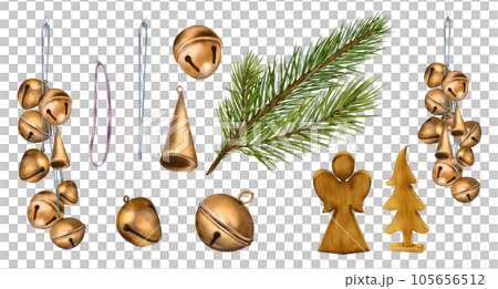Set of Christmas bronze bells, pine branch, wooden toy digital illustration watercolor style isolated on white. Christmas symbol, decoration hand drawn. Element for design new year 2023, greeting 105656512