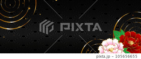 高級感のある牡丹と波紋のバナー　ブラック＆ゴールド 105656655