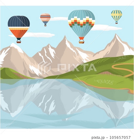 Air hot balloon flying over hills landscape vector 105657057