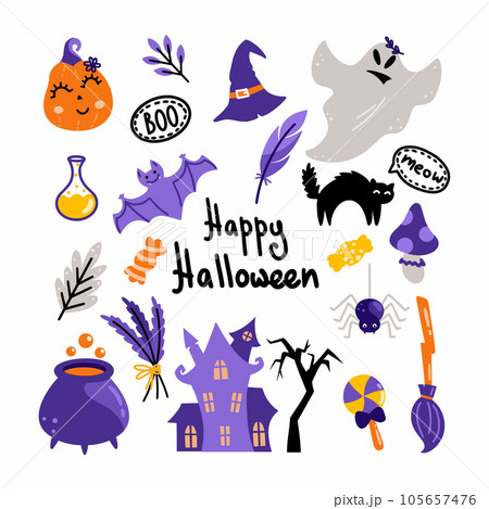 Set of stickers for Halloween holiday. Vector illustration in doodles. Witch castle, pumpkin and magic symbols. 105657476