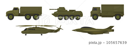 Military Machine and Armored Vehicle for Off-road Track with Aircraft Vector Set Military Machine and Armored Vehicle for Off-road Track with Aircraft Vector Set 105657639