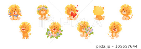 Cartoon Lion Cub Playful Character with Mane Vector Set 105657644