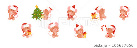 Cute Mouse in Red Santa Hat Engaged in Different Activity Vector Set Cute Mouse in Red Santa Hat Engaged in Different Activity Vector Set 105657656