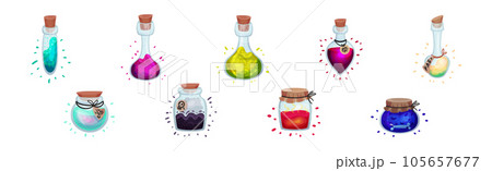 Glass Bottles and Jars with Potion Corked with Bottle Cap Vector Set Glass Bottles and Jars with Potion Corked with Bottle Cap Vector Set 105657677