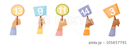 Human Hands of Different Skin Color Holding Score Tables Vector Set 105657791