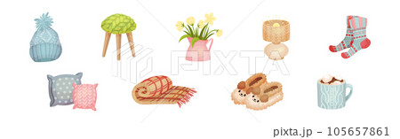 Hat, Chair, Flower Vase, Lamp, Socks, Pillow, Blanket and Slippers as Hygge and Coziness Symbol Vector Set Hat, Chair, Flower Vase, Lamp, Socks, Pillow, Blanket and Slippers as Hygge and Coziness Symbol Vector Set 105657861