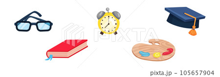 Book, Alarm Clock, Graduation Hat, Glasses and Palette as Back to School Symbol and Stationery Object Vector Set Book, Alarm Clock, Graduation Hat, Glasses and Palette as Back to School Symbol and Stationery Object Vector Set 105657904