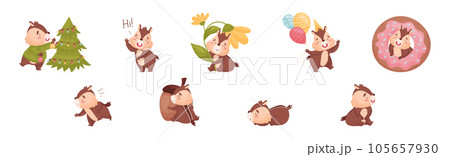 Cartoon Chipmunk with Striped Back Vector Set 105657930