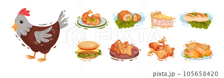 Cooked Chicken Dish with Pie, Fillet, Hamburger and Fried Wings Vector Set 105658420