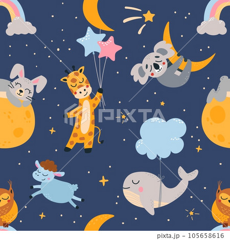 Sleeping animals seamless pattern. Dream whale, sleep animal cute cartoon children background. Bedtime textile print classy vector graphic design 105658616