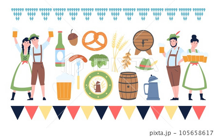 Oktoberfest elements. Munich beer celebration or party with sausages and drinks. German festival, flat bavarian decorations recent vector set Oktoberfest elements. Munich beer celebration or party with sausages and drinks. German festival, flat bavarian decorations recent vector set 105658617