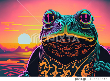 Toad in front of the sunset, vaporwave style, neon style Toad in front of the sunset, vaporwave style, neon style 105658637