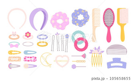 Barrette and hairpins set, hair slide fashion clipart. Pin girl accessories, stylist hairdressing equipment and clips. Female headband racy vector clipart 105658655